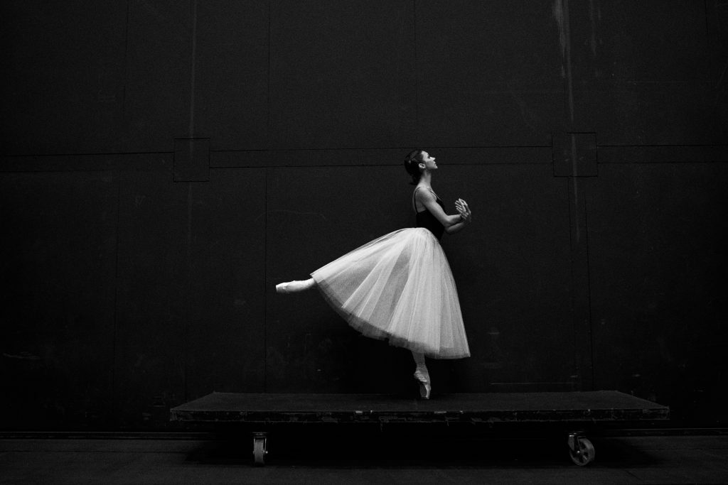 classical ballerina dress, black and white image